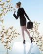 cute business woman with money tree near