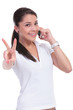casual woman victory on phone