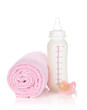 Baby bottle, pacifier and towel