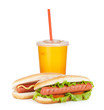 Fast food drink and two hot dogs with various ingredients