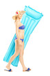 Female in bikini walking with air mattress