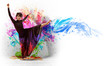 Girl in color dress dancing.Collage