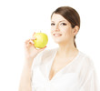 Photo: beautiful woman holding green apple, isolated white beautiful woman holding green apple, isolated white