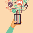 Vector hand and mobile phone with internet icons