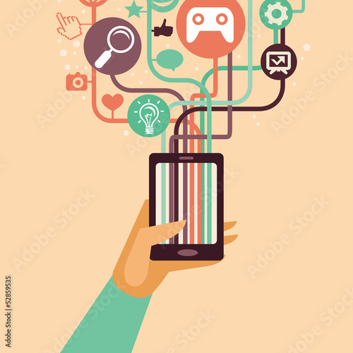 Vector: Vector hand and mobile phone with internet icons Vector hand and mobile phone with internet icons