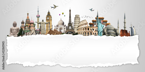 Illustration: Travel the world concept torned paper monument Travel the world concept torned paper monument