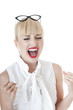 Successful business woman celebrating her victory on white.