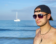 Portrait of man on background of ocean