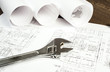wrench and drawings, construction still life