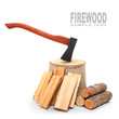 Cut log fire wood and lumberjack axe.