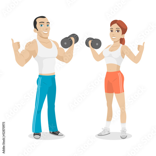 Vector: Guy and girl hold in dumbbell hand Guy and girl hold in dumbbell hand