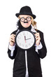Crying woman in disguise holding clock