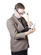Male business nerd writing strategy in note book