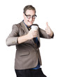 Thumbs up beverage man. Good coffee