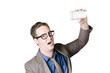 Staff member swigging coffee beverage. Quick drink