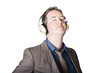 Business man wearing headphones on white