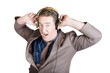 Funny businessman wearing earphones on white