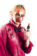 Beaten woman holding handgun