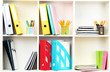 White office shelves with different stationery, close up