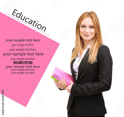 Photo: Portrait of teacher woman with notebooks, isolated on white Portrait of teacher woman with notebooks, isolated on white