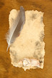 Old paper with figurine, on wooden background