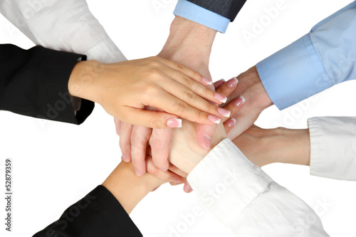 Photo: Group of young people's hands isolated on white Group of young people's hands isolated on white