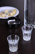 Vodka and snack on table close-up