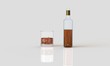 a bottle of whiskey with glass and ice