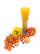 spaghetti, vegetables and eggs isolated on white background