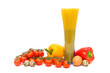 vegetables, pasta and quail eggs on a white background