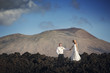 Bride and groom holding hands, volcano in the background.
