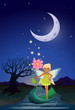 A fairy holding a flower riding on a boat in the middle of the n