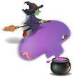 A witch riding on a broom with a pot