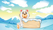 Vector: A bear holding an empty wooden board at the snowy mountain A bear holding an empty wooden board at the snowy mountain