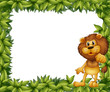 A green leafy frame with a lion