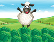 A sheep above the hill with a farm