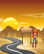 A cowgirl standing beside an empty wooden signboard along the ro