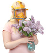 Allergy to pollen concept. Young woman in protection mask.