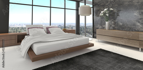 Illustration: Modern bedroom with floor to ceiling windows Modern bedroom with floor to ceiling windows