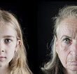 Old woman and young girl face closeup