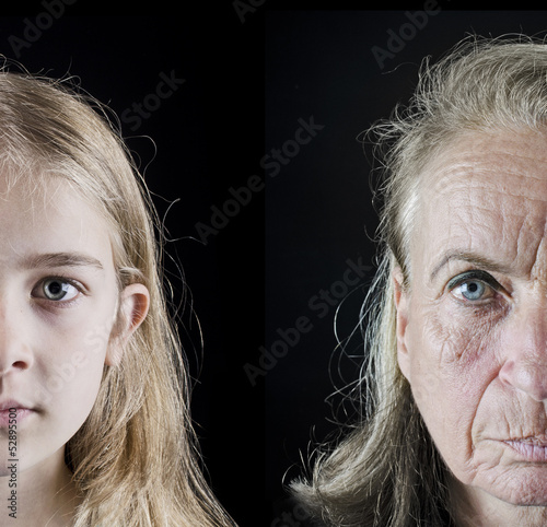 Photo: Old woman and young girl face closeup Old woman and young girl face closeup
