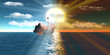 Foto: Burning ships over sea at day and sunset Burning ships over sea at day and sunset