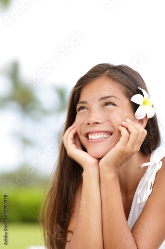 Photo: Natural girl smiling and daydreaming happy cute Natural girl smiling and daydreaming happy cute