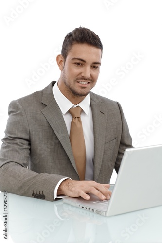 Photo: Happy businessman working on laptop Happy businessman working on laptop