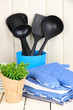 Kitchen settings: utensil, potholders, towels and else