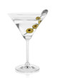 Martini glass with olives isolated on white.