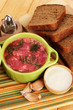 Delicious borsch on table close-up