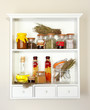 Variety spices on kitchen shelves