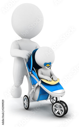 Illustration: 3d white people pushing a baby in a stroller 3d white people pushing a baby in a stroller