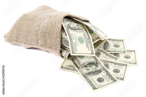 Photo: Hundred dollar bills in a canvas sack isolated on white backgrou Hundred dollar bills in a canvas sack isolated on white backgrou